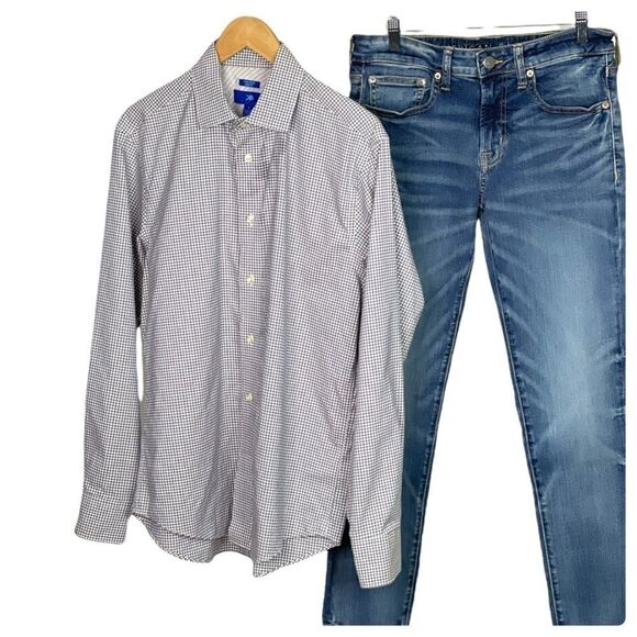 𝅺NON Iron Slim fit Button Down Shirt in Blue & Brown Check - Picture 1 of 9